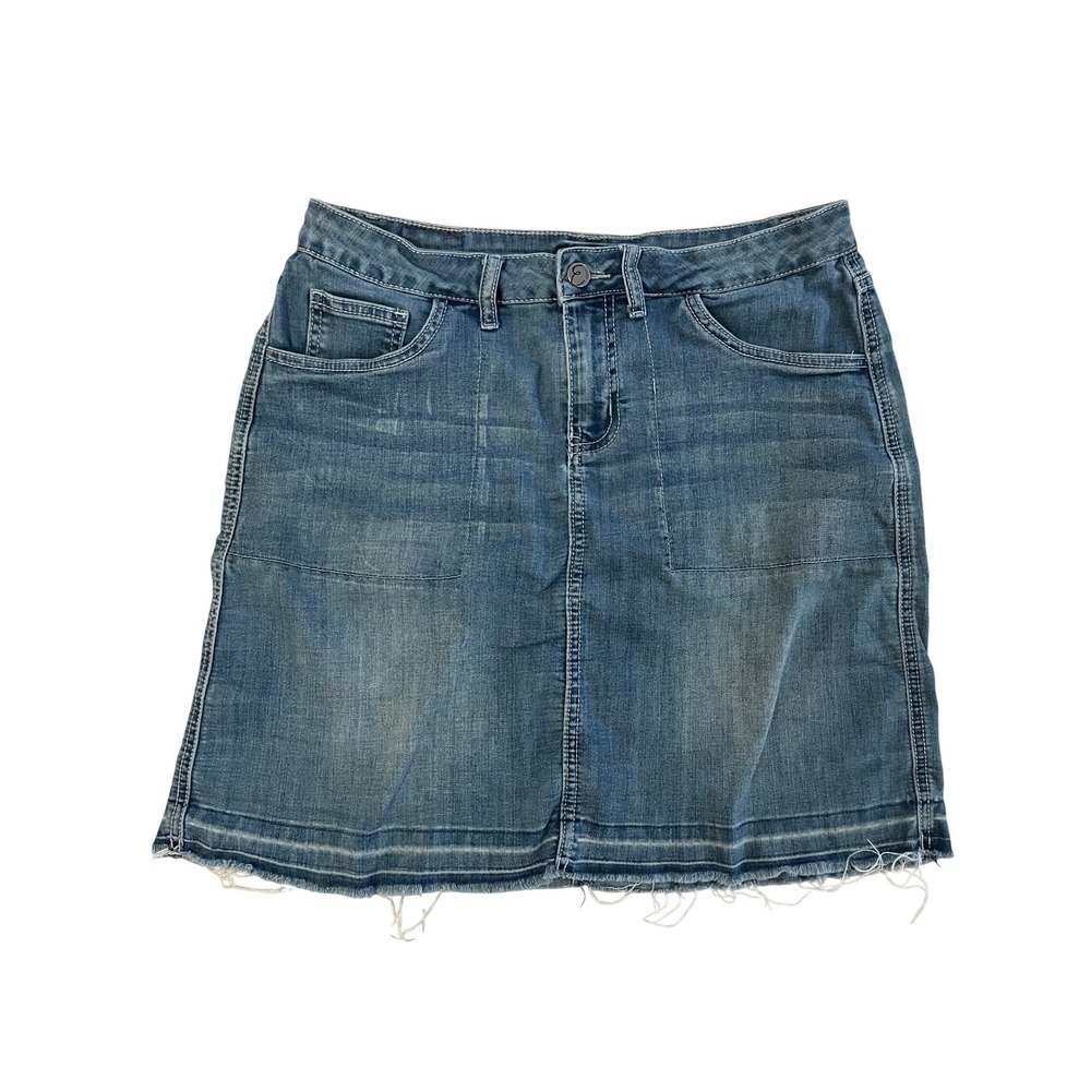 Earl Jean Womens Medium Wash Denim Y2K‎ Mini Skirt Raw Hem Size 10 Stretch Blue